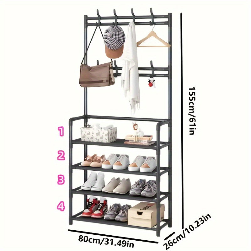 This versatile Metal Entryway Shoe Rack measures 80cm/31.49in wide and features 8 hooks for convenient storage of shoes, scarves, and hats. Perfect for entryways, living rooms, and bedrooms, this rack is easy to install and move around, requiring no wood