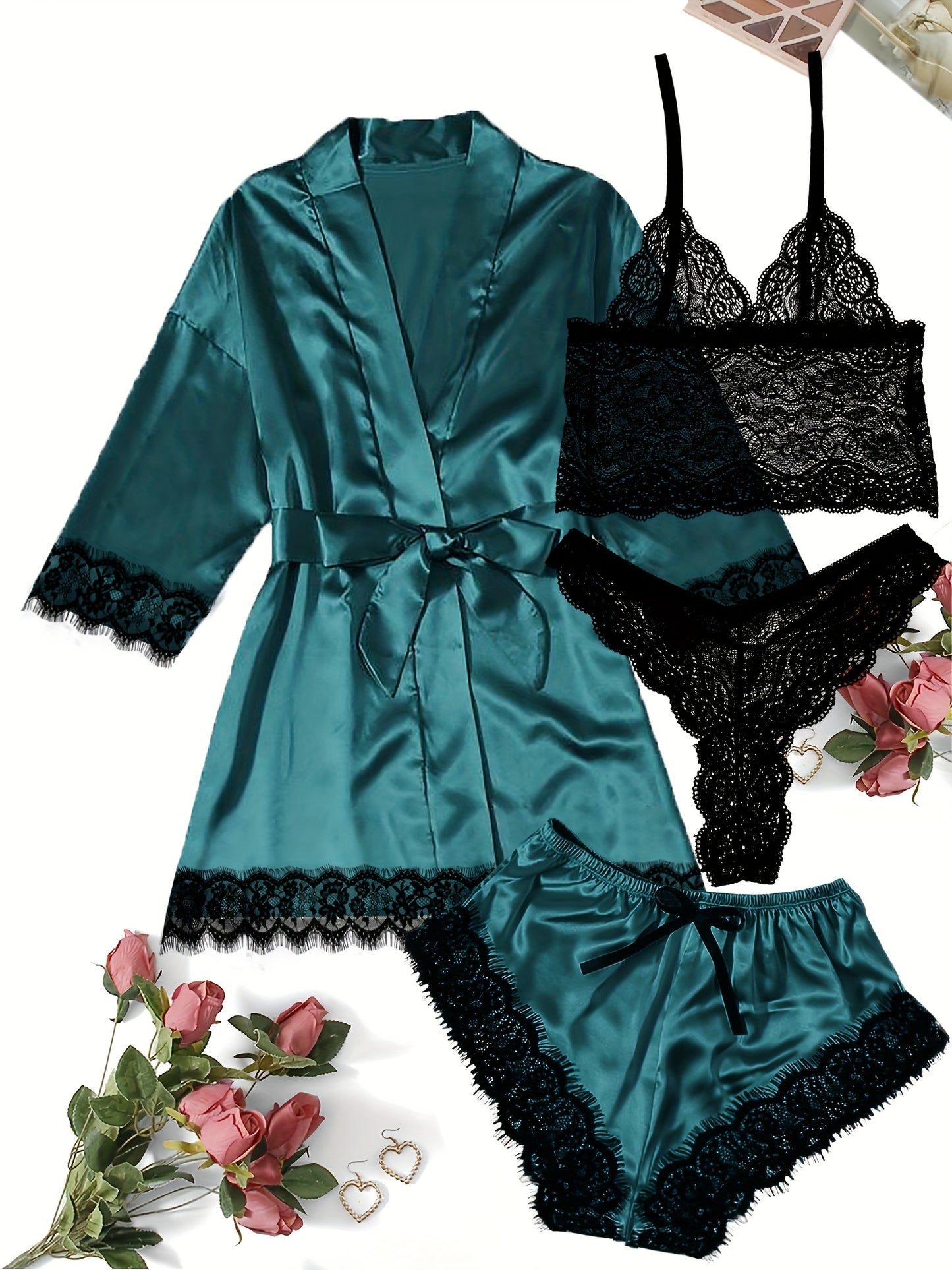 Women's loungewear set with lace detailing, robe, V neck cami, panties, and shorts.