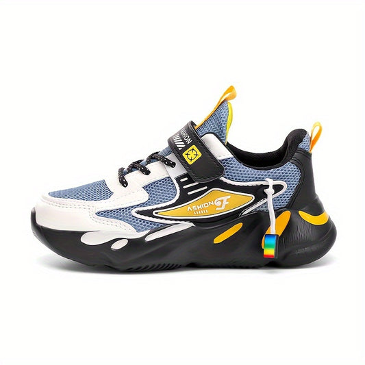 Boys' athletic sneakers with breathable, quick-dry design, non-slip sole, geometric pattern, and hook-and-loop closure - perfect for spring and summer sports.