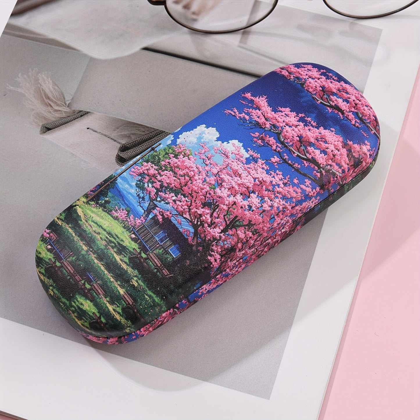 Stylish Cherry Blossom Print Glasses Case - Sturdy Semi-Hard Storage Box for Fashion Glasses, Fashionable Eyewear Protector with Trendy INS Style for Women