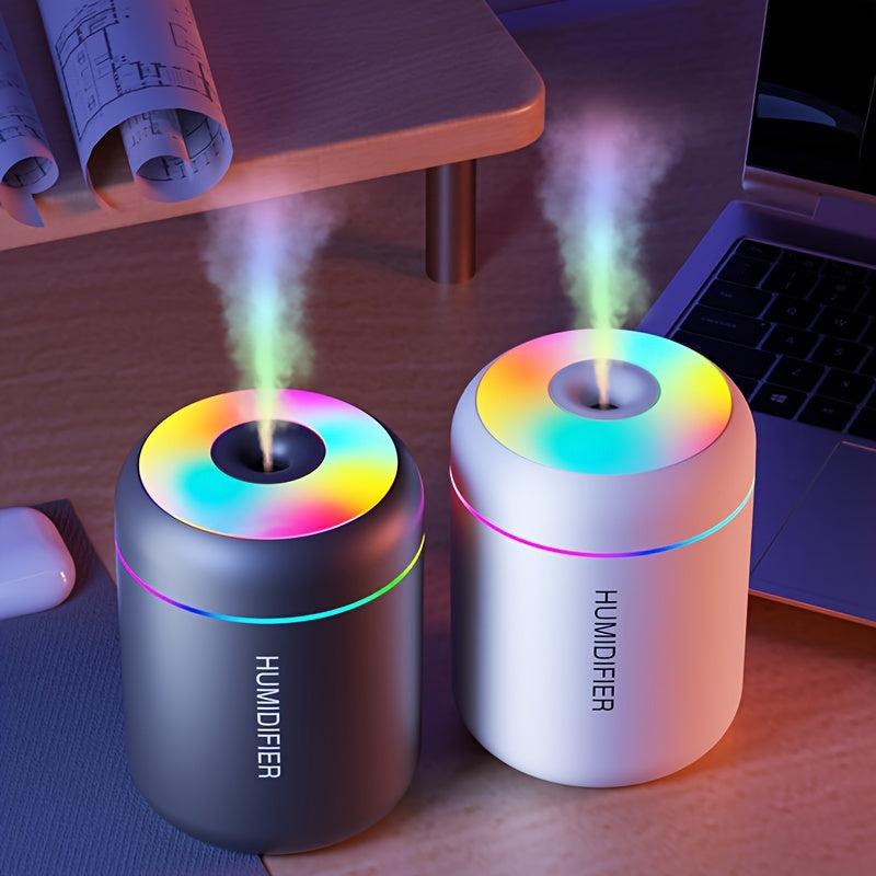 Compact USB-powered humidifier with 7-color LED lights, ideal for women to use in bedroom, car, home, and dorm.