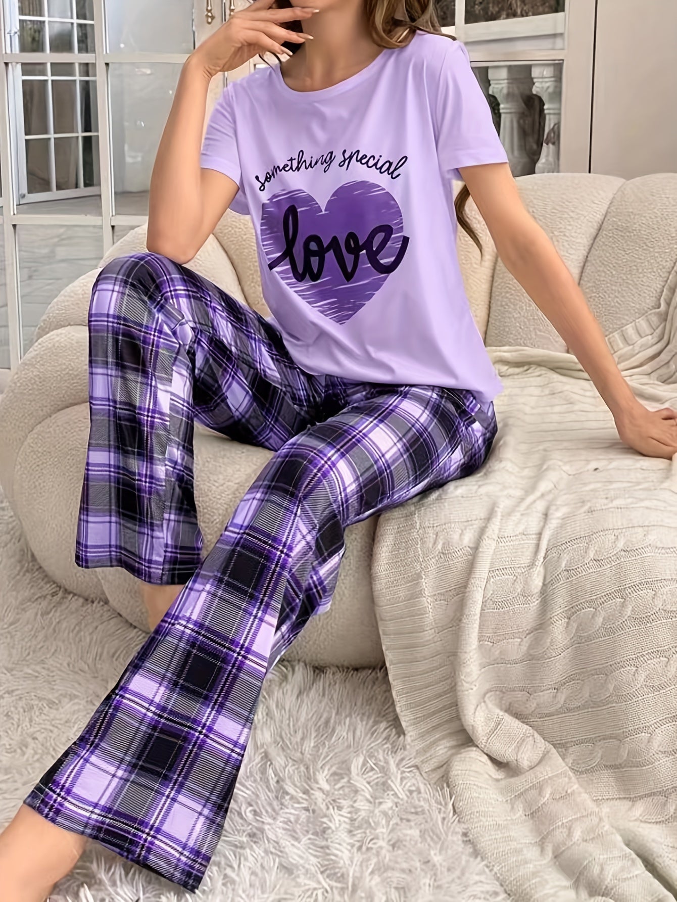 Casual Heart & Letter Print Pajama Set for Women, Short Sleeve Top & Plaid Pants, Relaxed Fit.