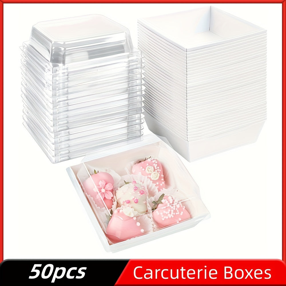 50 pieces of paper charcuterie boxes with clear secure lids, square dessert containers in pink bakery boxes ideal for storing strawberries, cookies, cake slices, brownies, and cinnamon rolls. These kitchen accessories are perfect for baking supplies