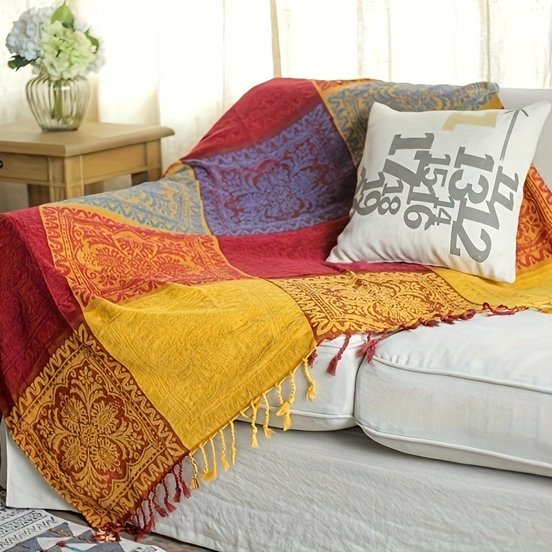 Boho jacquard chenille tassel blanket perfect for napping, cozying up on the sofa, or using as a casual bedspread.