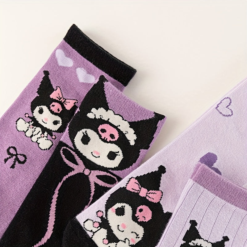 Sanrio Double Kulomi socks in purple with love bow pattern.