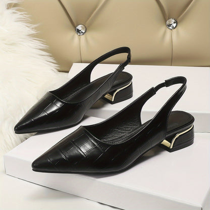 Low heel slingback shoes with pointed toe and elastic strap, suitable for work office.