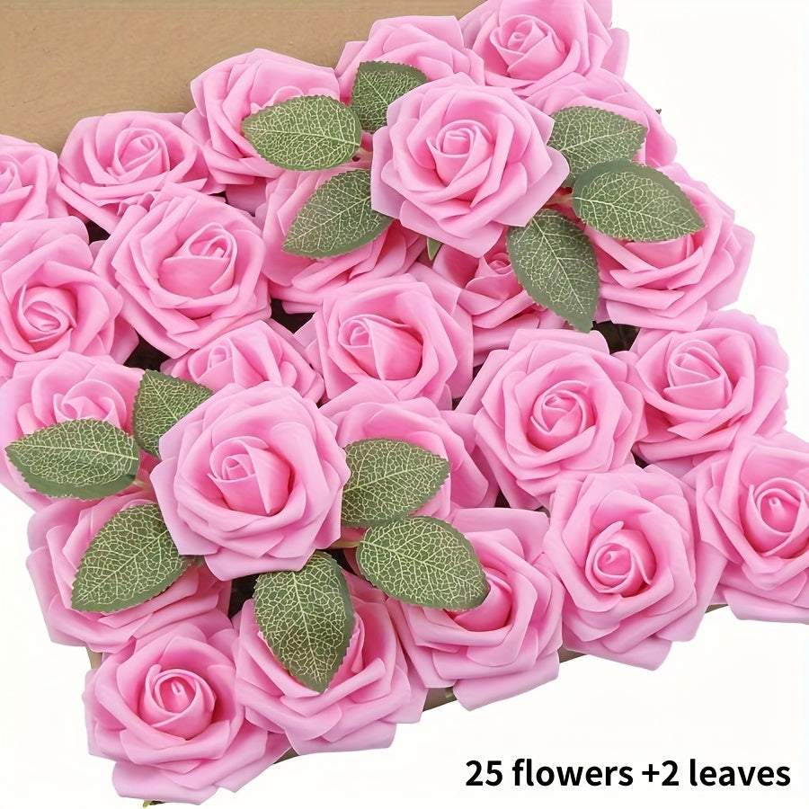 27 artificial ivory foam roses with stems and leaves, ideal for DIY wedding bouquets, bride gifts, centerpieces, and party tables.