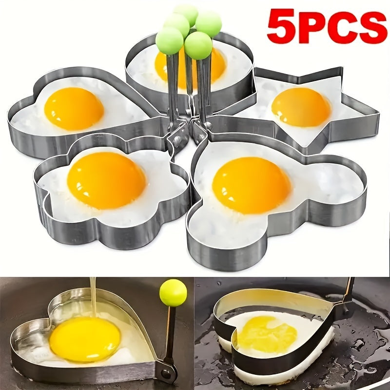 Set of 5 Egg Molds - Made of Non-Stick Stainless Steel, Featuring Heart and Rice Ball Shapes for Fun Breakfasts | Ideal for Both Home and Restaurant Applications