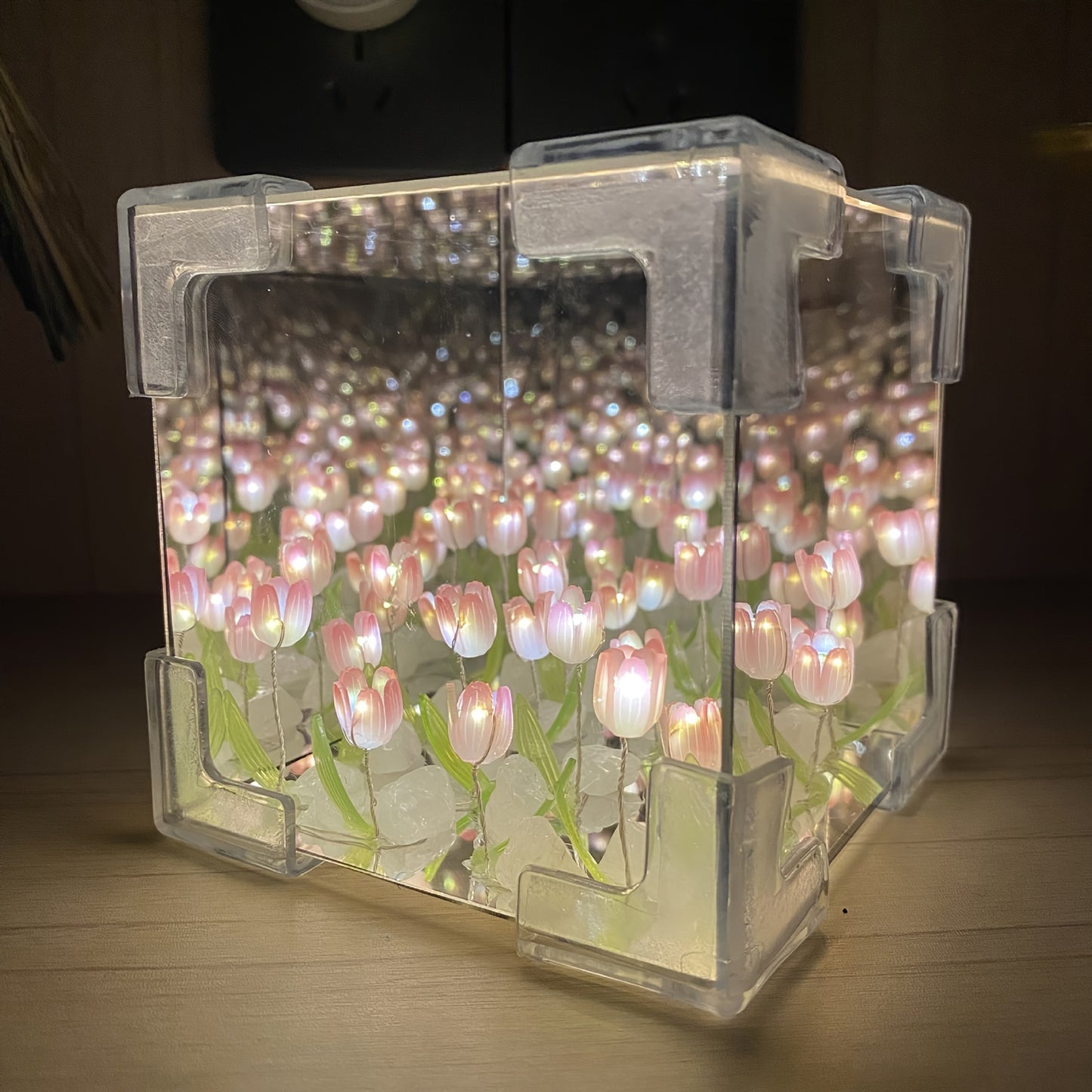 LED Tulip Night Light DIY Cube Table Lamp for Bedroom Decor, Handmade Glass with Shade, Battery Powered.