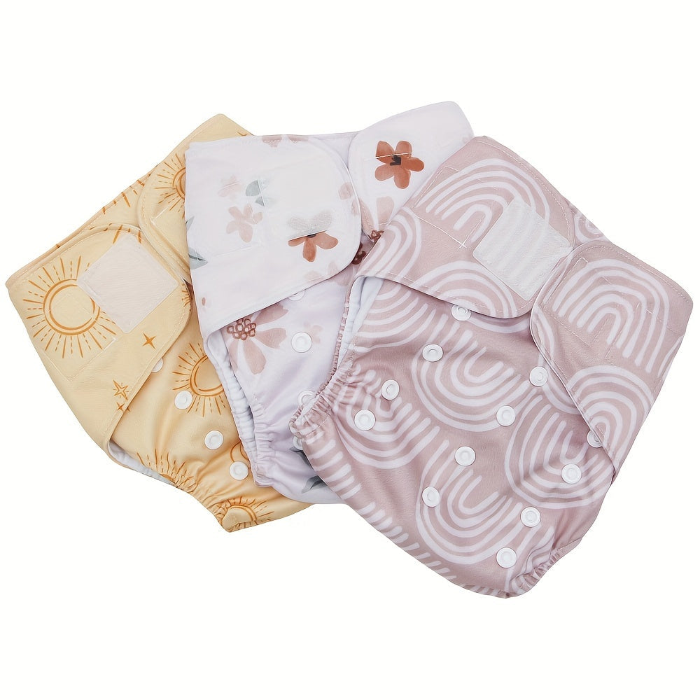 Asenappy Cloth Diaper Set includes 6 pieces of reusable polyester nappies with adjustable snap fasteners. The set also comes with 3 diapers and 3 inserts, all featuring a soft waterproof cover. Suitable for children aged 0-3 years old.