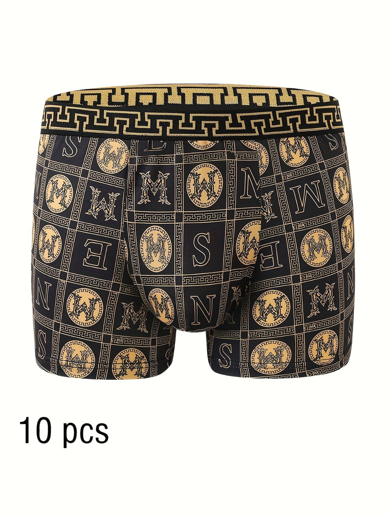 10 Men's Boxer Briefs, Black/Gold Print, High Stretch Polyester, Quick-Dry, Comfort Fit for Golf