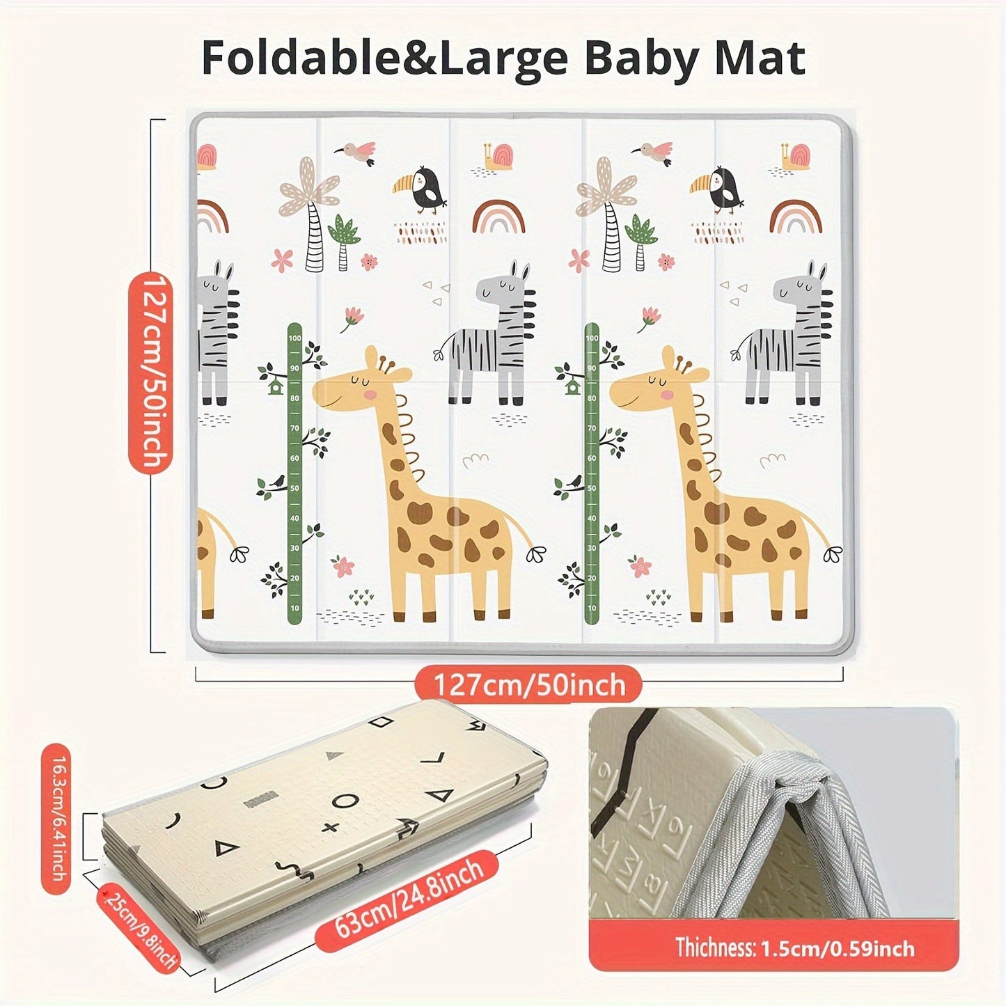 This reversible giraffe and geometric play mat is designed for youngsters, measuring 127.0x127.0 cm. It is waterproof, made of thick foam for safety, and can be easily folded and carried. This portable floor mat is perfect for both toddlers and young