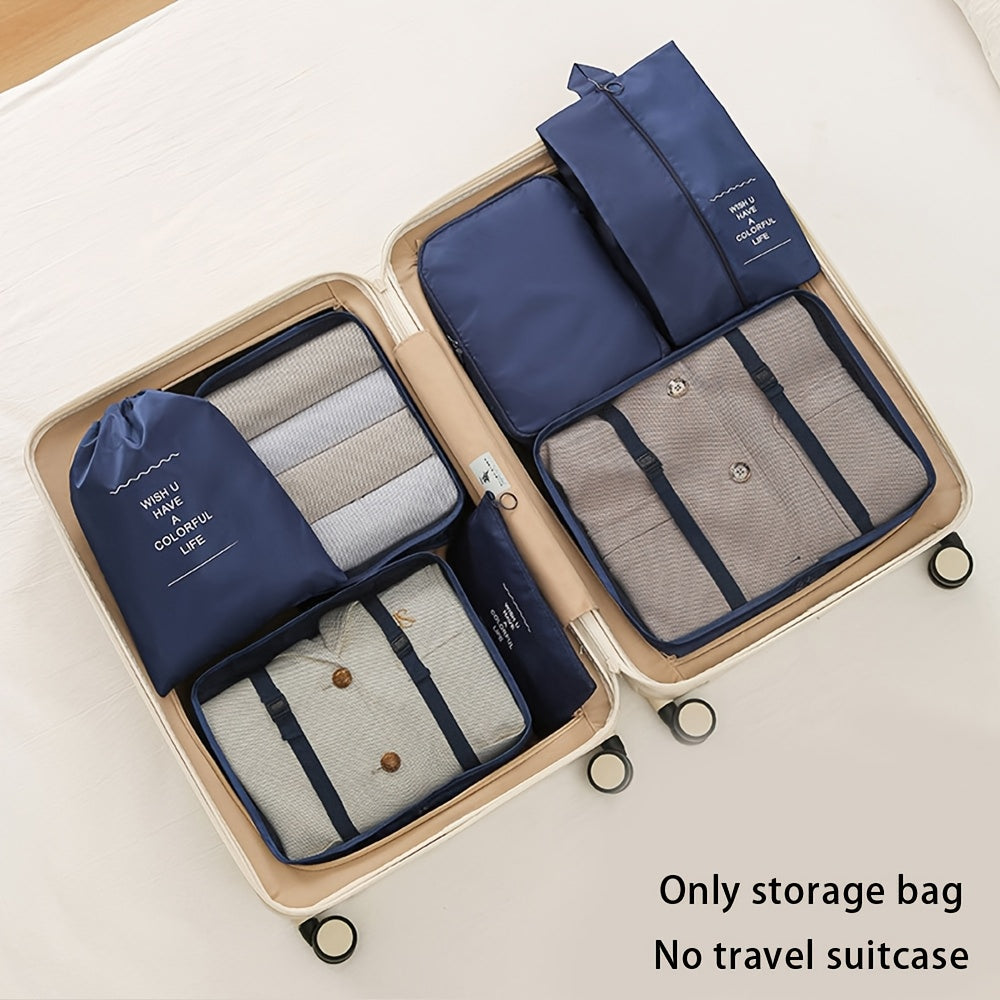 Waterproof travel organizer bag, includes seven pieces for clothes, pants, shoes, and socks.