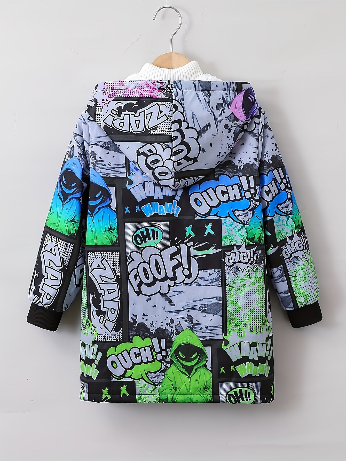 Boys' trendy hoodie with comic-style print and vibrant graffiti design for Fall/Winter.