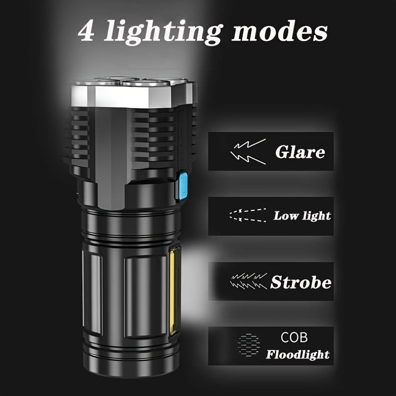 Rechargeable LED flashlight with 400mAh battery, USB powered, includes COB side light, not waterproof, includes USB cable - ideal for outdoor use.