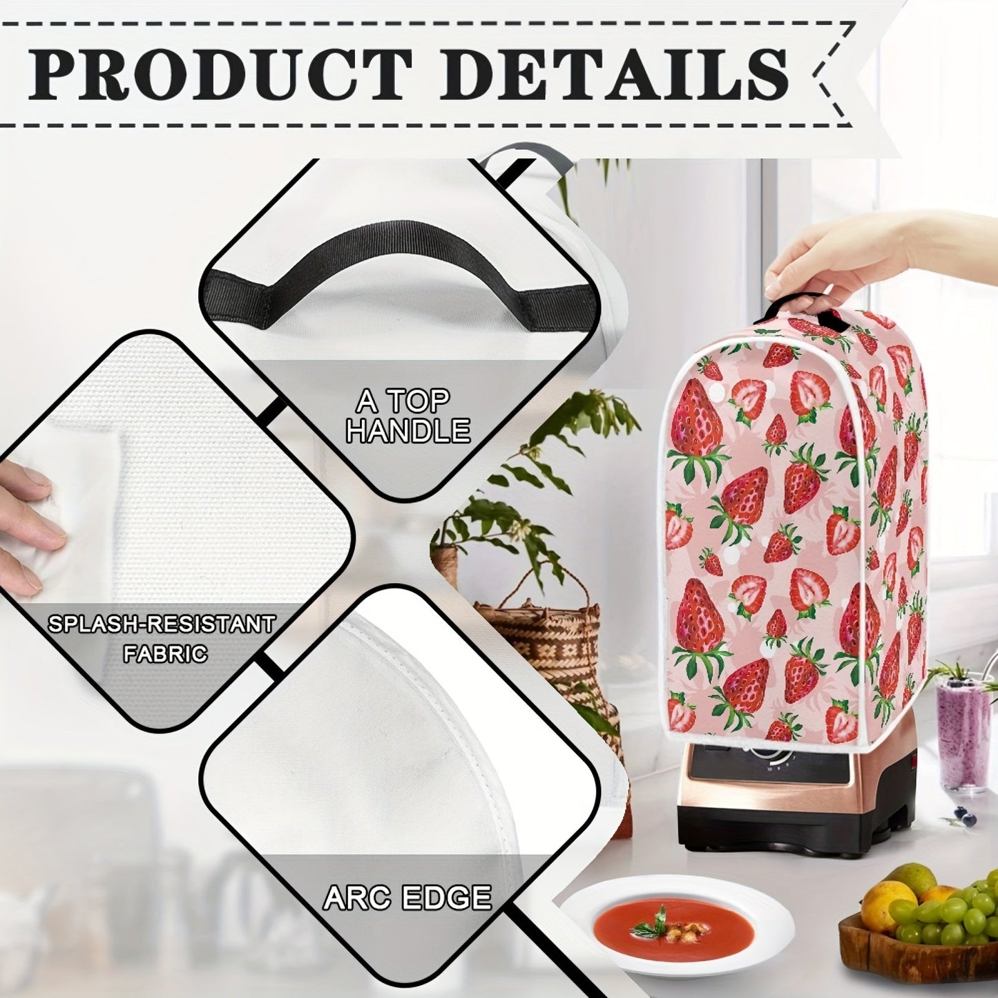 Protect your kitchen appliances in style with a 1pc Strawberry-Themed Blender Dust Cover. This cover comes with a convenient top handle, making it easy to remove and put on. It is anti-fingerprint and pink in color, adding a touch of fun to your kitchen.