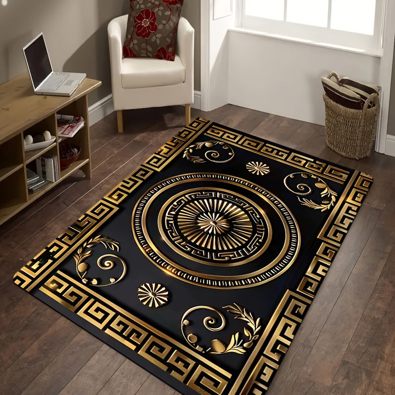 Luxurious Black and Golden Patterned Rectangle Carpet, perfect for the Kitchen, Living Room, Bedroom, or as an Indoor Door Mat. This soft and thickened carpet can be machine washed and used as a decorative piece in any indoor space.