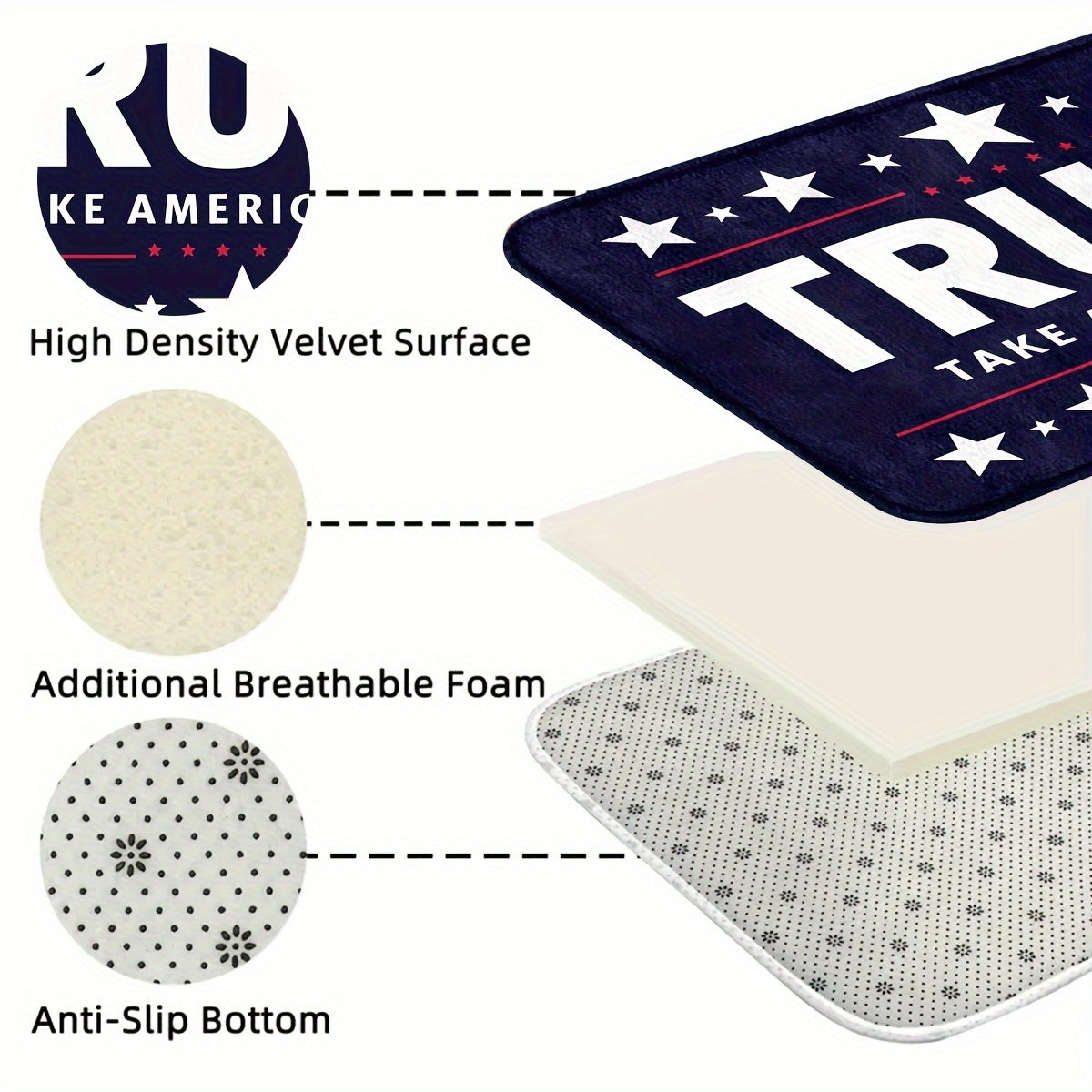 Trump Take America Back Doormat available in two sizes: 74.93cm x 44.96cm and 119.89cm x 44.96cm. Features: Machine washable, non-slip, and durable for long-lasting use.