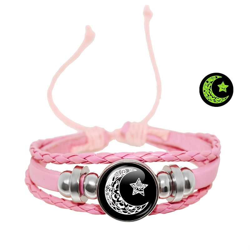 Set of 2 glow-in-the-dark Sun and Moon charm bracelets made of faux leather rope, perfect for couples, men, and women. Ideal gift for girlfriend or party.