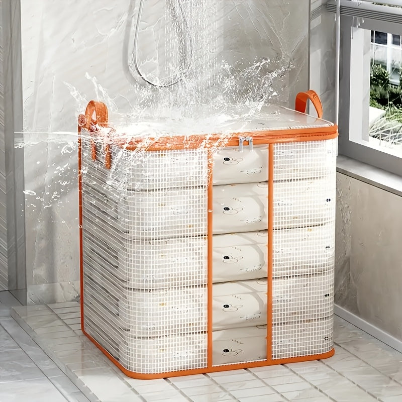 Large capacity transparent PVC storage bag with fixed handles, waterproof and dustproof, ideal for organizing dorm clothes and bedding, as well as providing a practical under-bed storage solution in the bedroom.