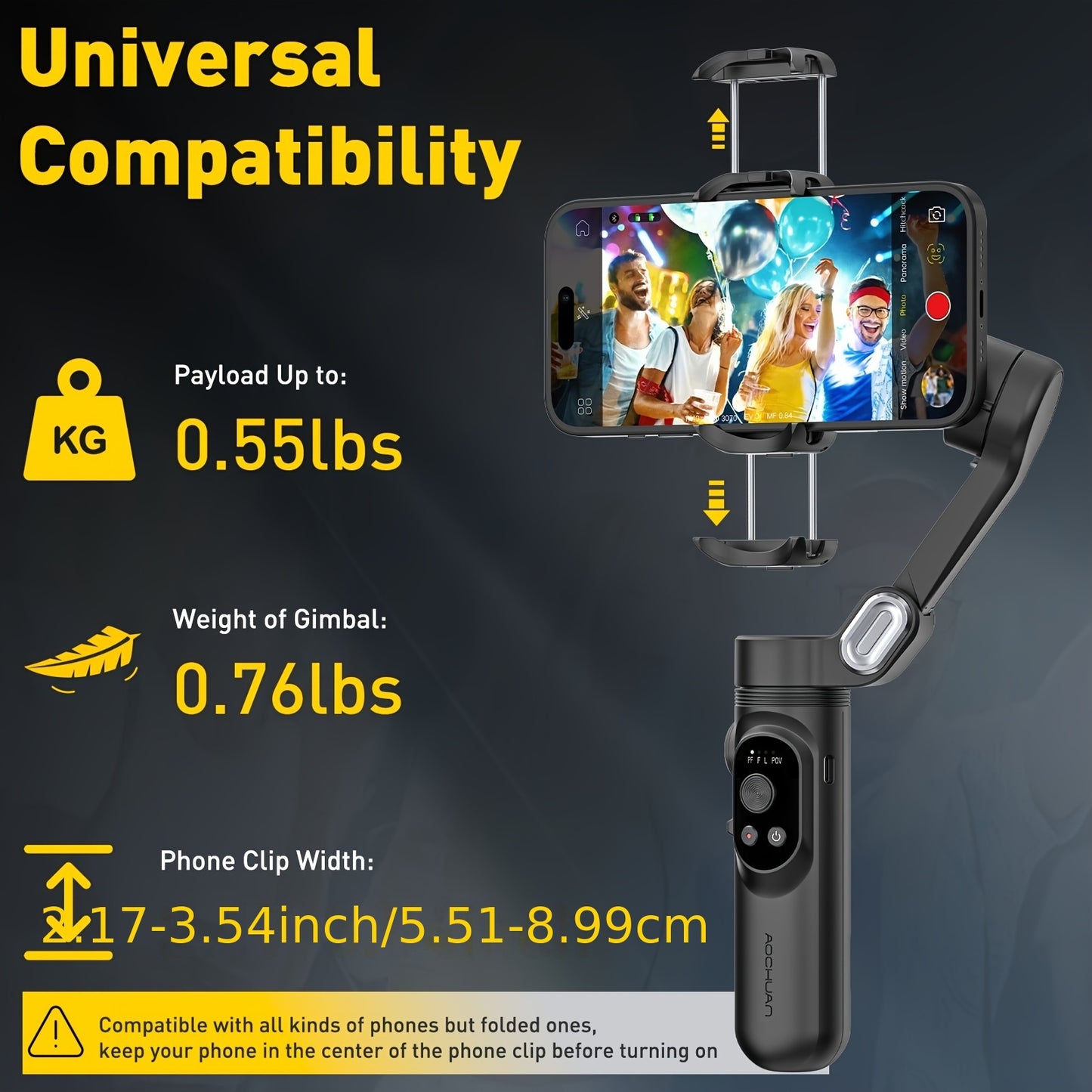 AOCHUAN Smart X Smartphone Gimbal Stabilizer with Built-in LED Light, 3-axis Foldable, Suitable for Vlogging on iPhone and Android.