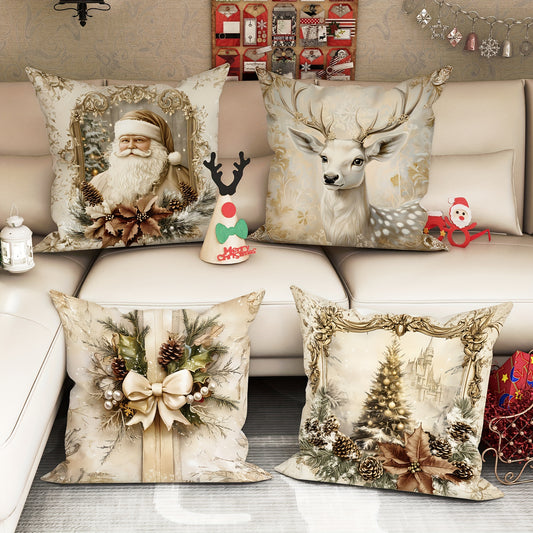 Set of 4 velvet Christmas pillow covers, vintage gold and white, cozy and soft, one-sided printing, 45.72cm*45.72cm, perfect for winter Xmas decor in living room or bedroom sofa bed.