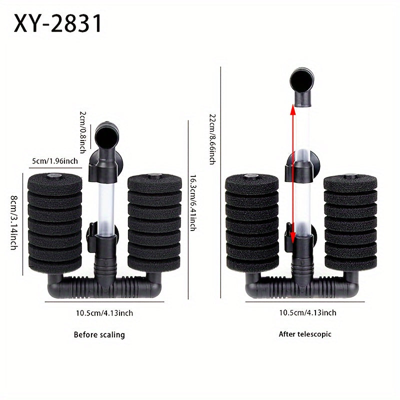 Silent dual sponge biochemical filter for fish tanks with easy setup and strong suction cups. Air pump and tube not included.