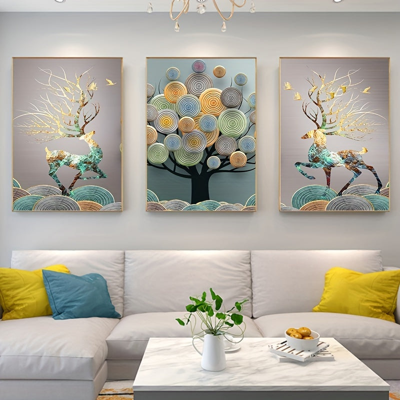 Frameless Chinese Feng Shui tree canvas painting for living room decor, 3 pieces, 15.7*23.6in.