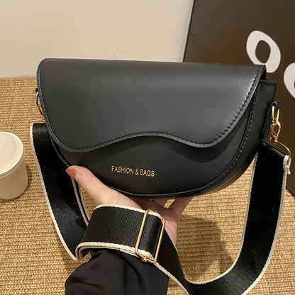 Women's PU Fashion Saddle Bag with Wide Shoulder Strap, Cover Closure Single Shoulder Crossbody Bag for Commuting, Vacation, and Outing