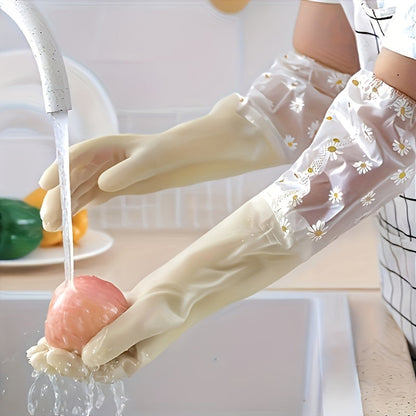 Stylish Long Sleeve Kitchen Gloves, made of Waterproof PVC for durability, Lead-Free and Water-Resistant, Suitable for Home Cleaning in various areas including Living Room, Bedroom, Bathroom, Toilet, and Kitchen. Can be worn on either hand.