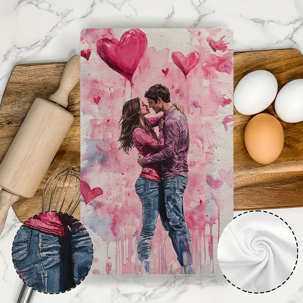 Set of 2 Valentine's Day Kitchen Towels for Lovers, Modern Coastal Design, Highly Absorbent Polyester Fabric, Easy to Clean in Washing Machine, Size 16x24 inches, Stylish Hand Towels for Holiday Decoration - SKU 2KYSYS1217571, Dish Towels Included