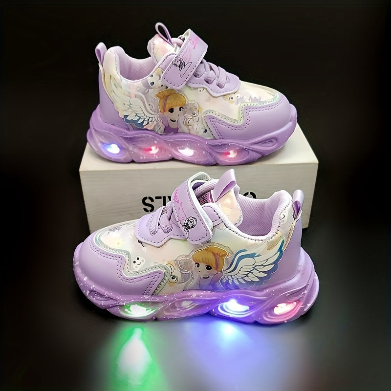 Girls' glow-in-the-dark princess sneakers with LED lights in purple and pink, featuring a magical cartoon design. Lightweight and comfortable for spring and fall. Perfect nighttime shoes