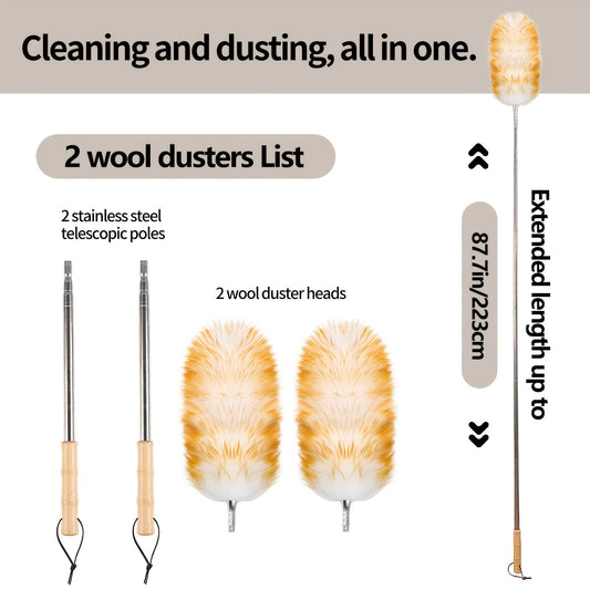 No Electricity Required - 2-Pack Wool Duster Set with Solid Wood Handle, Detachable Extendable Feather Dust Cleaner featuring Leather Lanyard. Reach up to 223.01cm for Ceiling Fans, Blinds, Indoor Roofs, and Furniture.