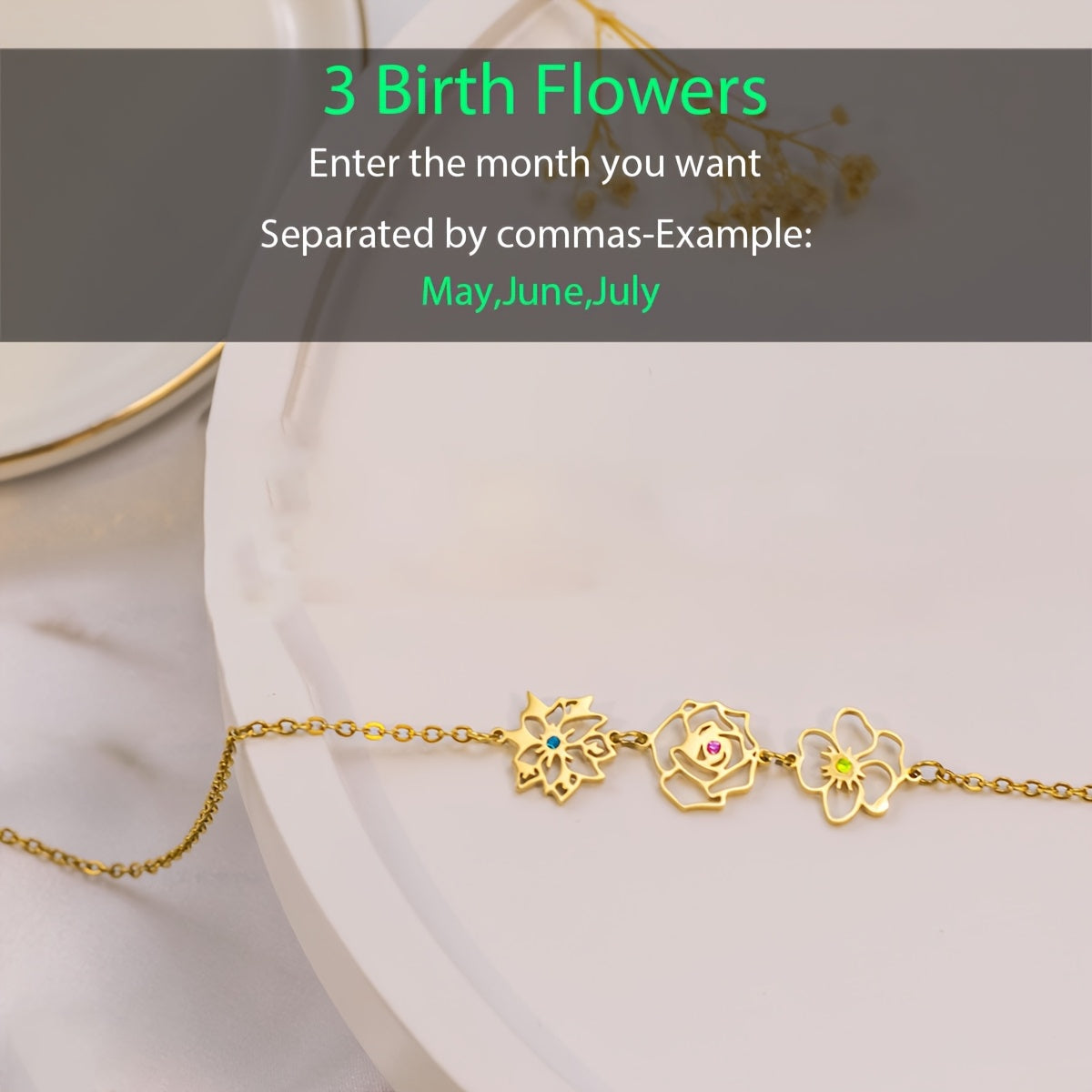 Customizable Women's Elegant Birthday Flower Necklace made with 18K Gold Plated Stainless Steel, featuring 2-4 Birthstones and Rhinestone Inlay - Ideal for Valentine's Day, Mother's Day, Christmas, and Bouquet Gift Giving.