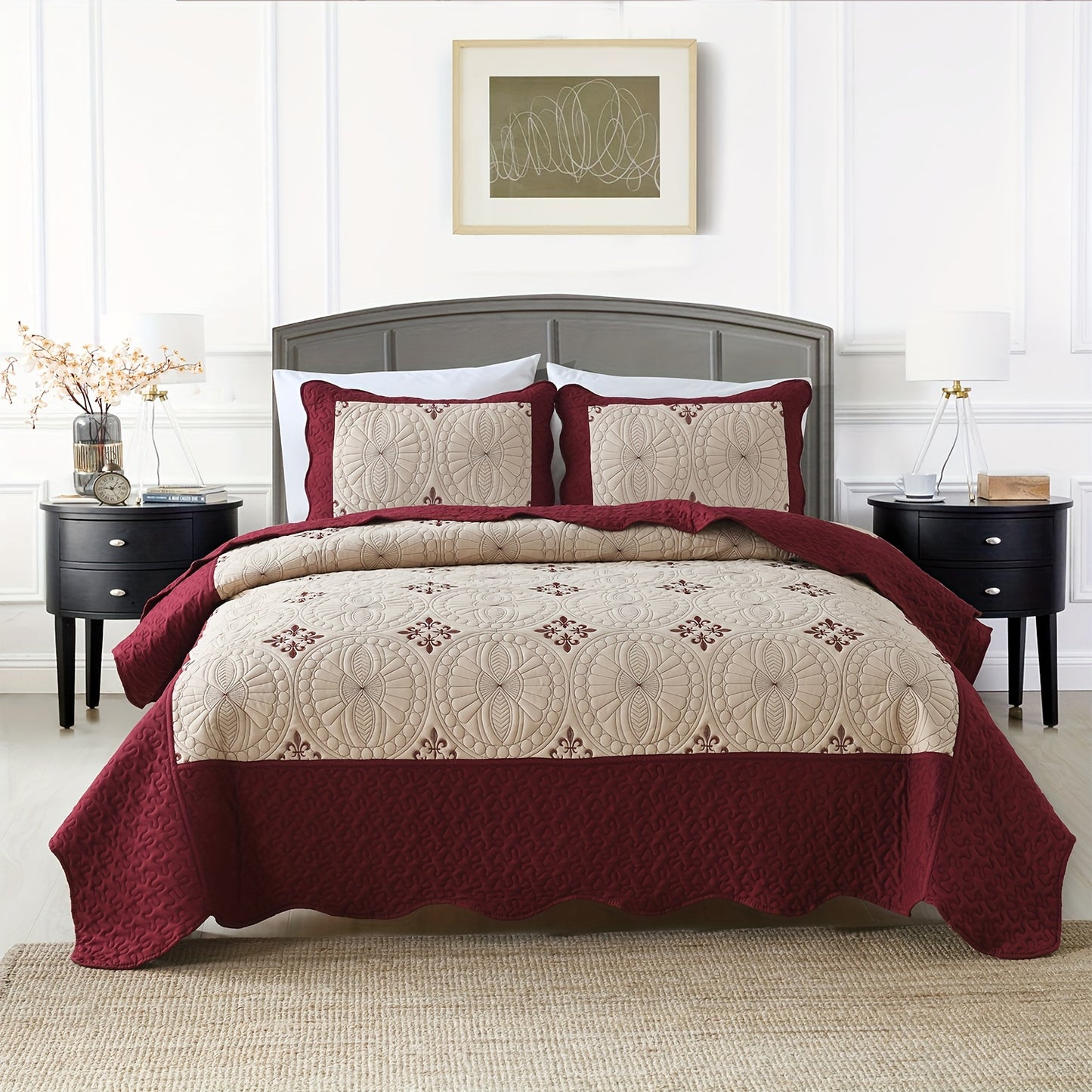 Red quilt cover bedding set with flower pattern, includes bedspread and 2 pillowcases. Soft, breathable, and comfortable for bedroom or dorm room.