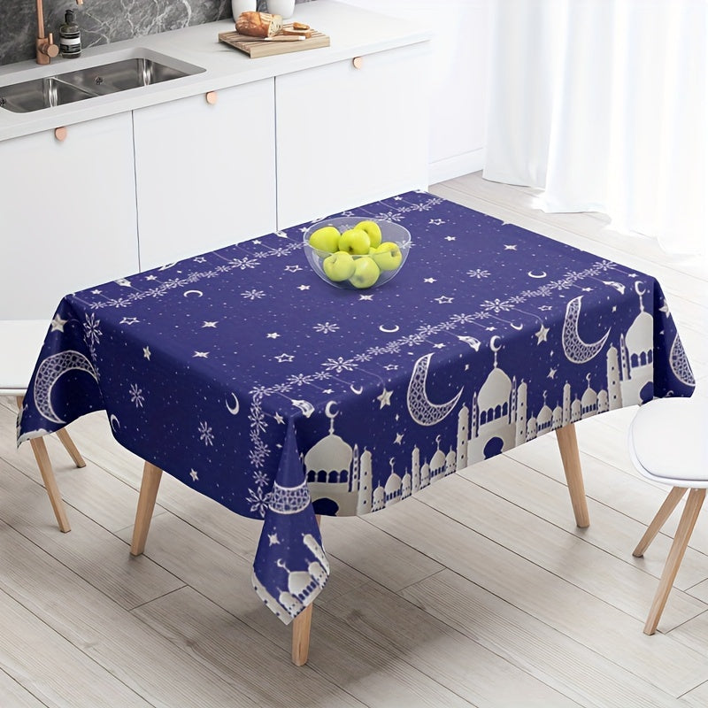 Eid Mubarak plastic table cover for Ramadan parties, 220x130cm, machine-made weave, perfect for Eid Al-Fitr celebrations.