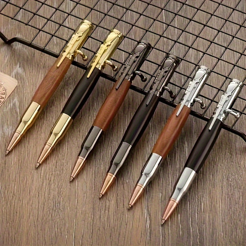 Wooden ballpoint pen with bolt, stress reducing switch pen, solid wood metal high-end pen, interesting writing tool, ideal gift for holidays, school, or business.