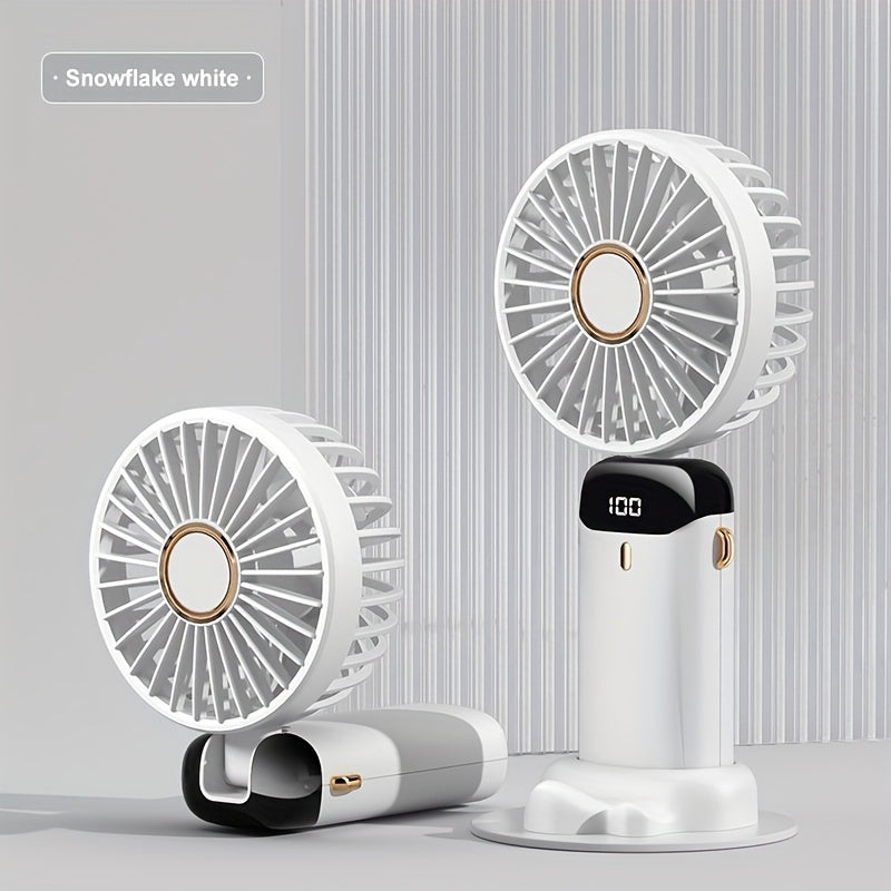 Portable Mini Fan with LED Display, USB Rechargeable Handheld Personal Fan, 5 Adjustable Speeds, Foldable Design, Battery Powered, Made of Plastic. Perfect for Desk, Office, Bedroom, Outdoor Travel, Camping, and School Supplies.