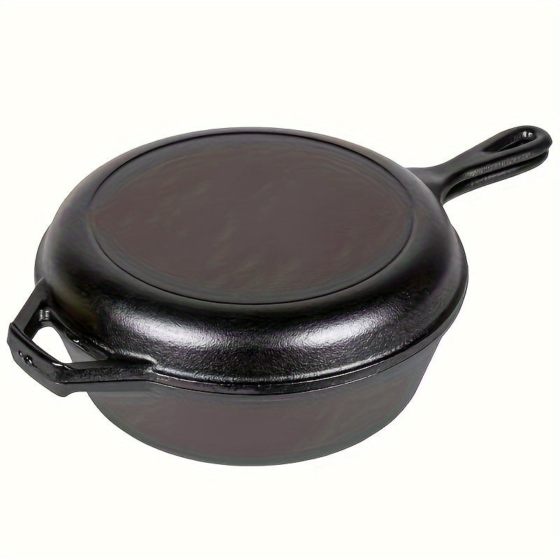 One piece Cast Iron Combo Cooker includes pretreated Stew Pans and Non-stick Frying Pans with heat-resistant black handles.