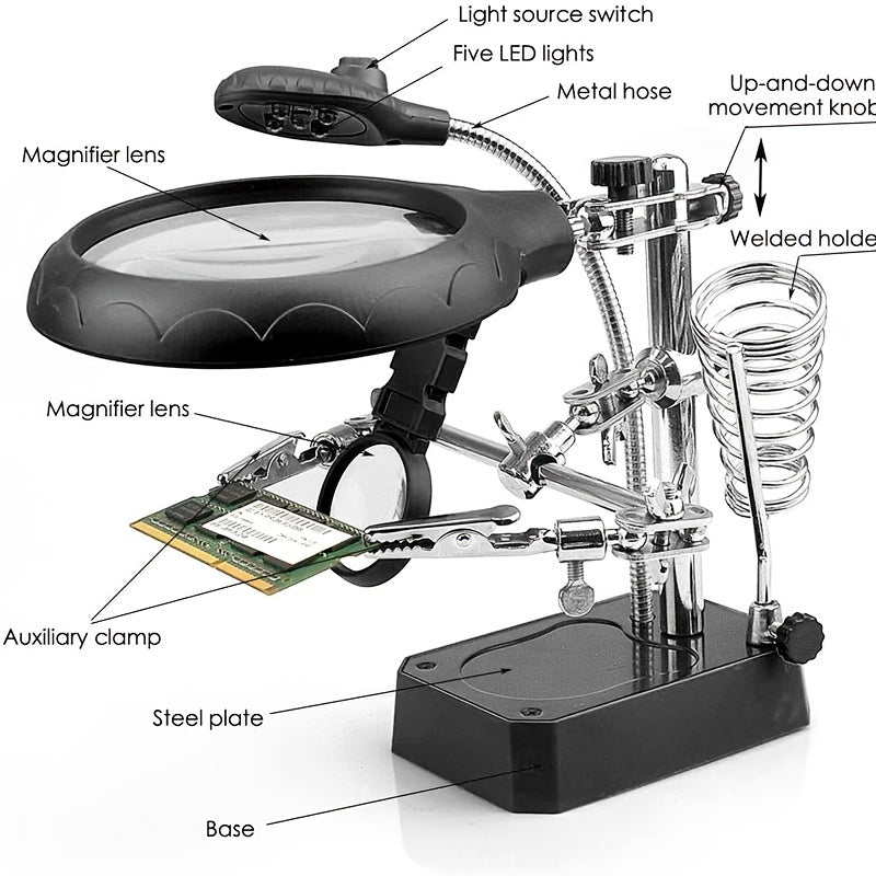 1pc 3-in-1 soldering station with magnifying LED light and auxiliary clip.