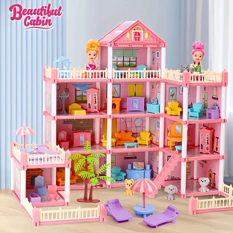 Luxurious 4-story dollhouse set with 4 dolls and accessories, perfect for children's pretend play. Available in pink or blue.