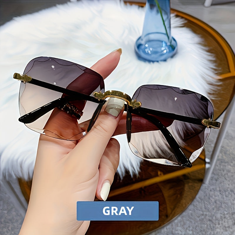 Women's square frameless dress-up glasses with gradient colored lenses and fashionable cut edges.