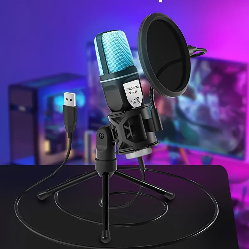 USB condenser microphone with fast mute function, tripod, RGB indicator light, shock absorber, and rotary gain button, ideal for gaming, podcasting, and streaming on PS4/5 or PC.