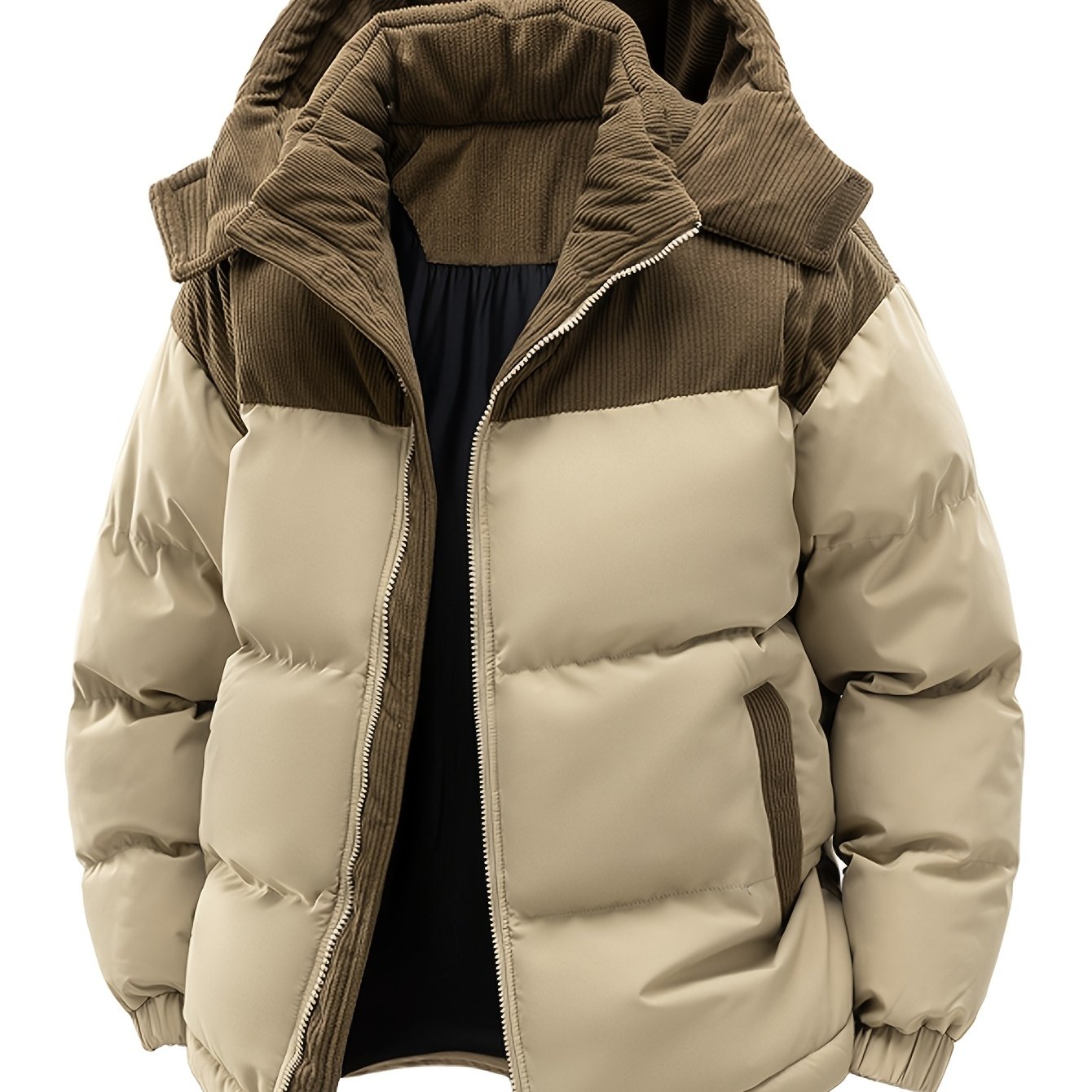 Men's Thick Winter Parka Jacket with Hood - Casual Polyester Ski Coat, Long Sleeve, Solid Color Pea Coat