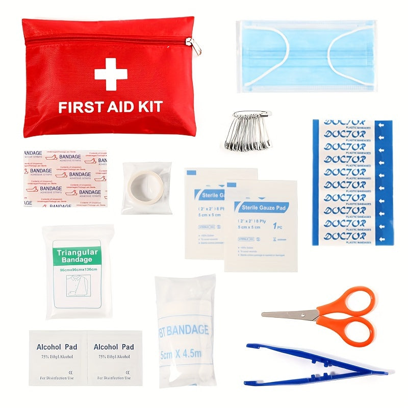 Compact and durable first aid kit, perfect for home, car, camping, and hiking, includes scissors, tweezers, and essential emergency supplies for school, adventure, and disaster response.