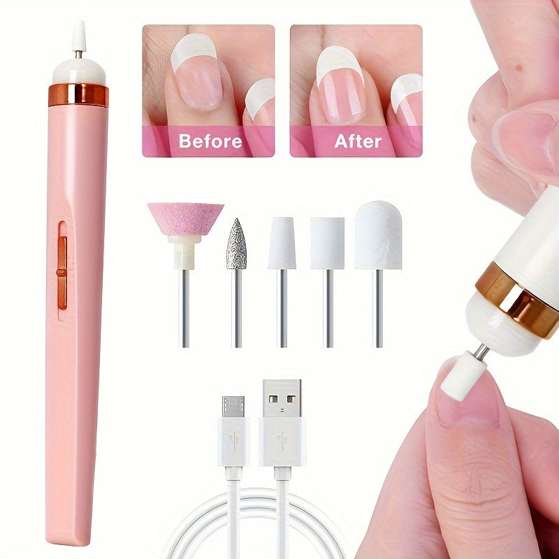 Portable electric nail drill with 5 attachment bits, LED light, adjustable speed, USB charge for manicure and nail care.