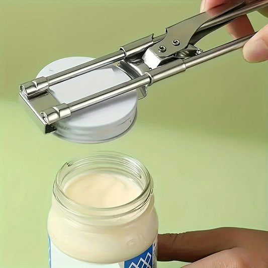 Stainless steel manual jar opener with adjustable lid remover for weak hands - no power needed. Ideal for home and outdoor use.