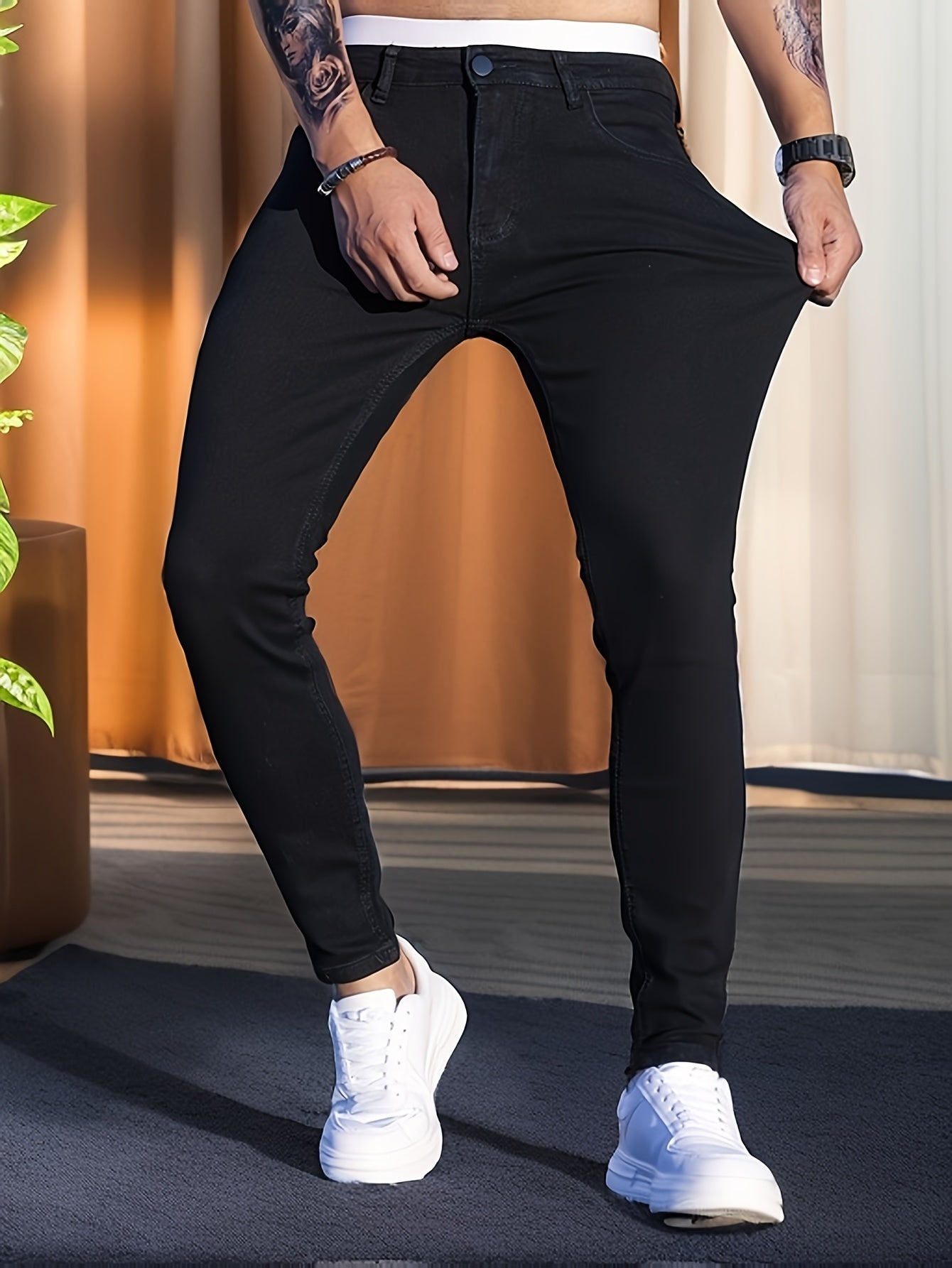 Men's Casual Skinny Jeans, Medium Stretch Denim Pants with Chic Street Style