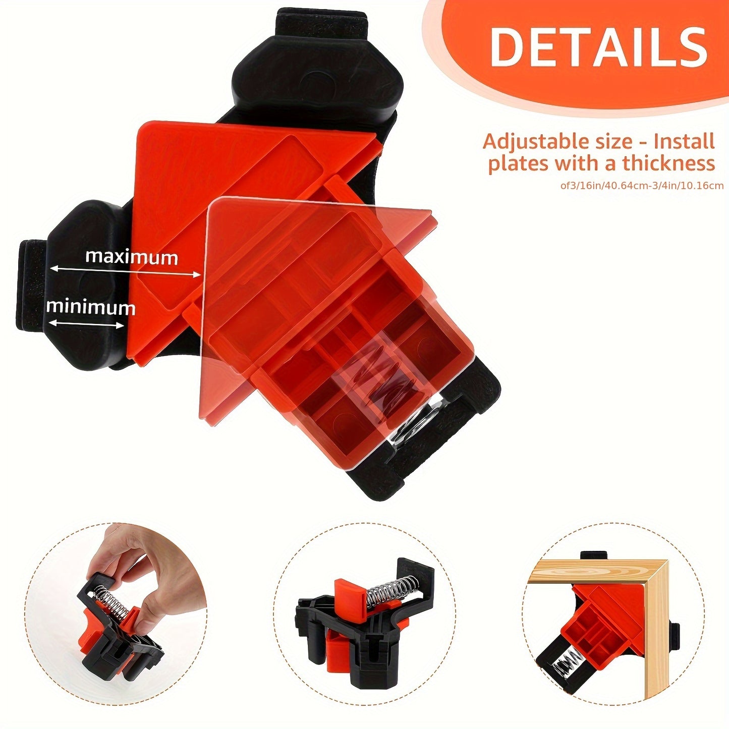 4 Adjustable Corner Clamps made of durable plastic for woodworking projects, photo frames, and T & corner joint frames.