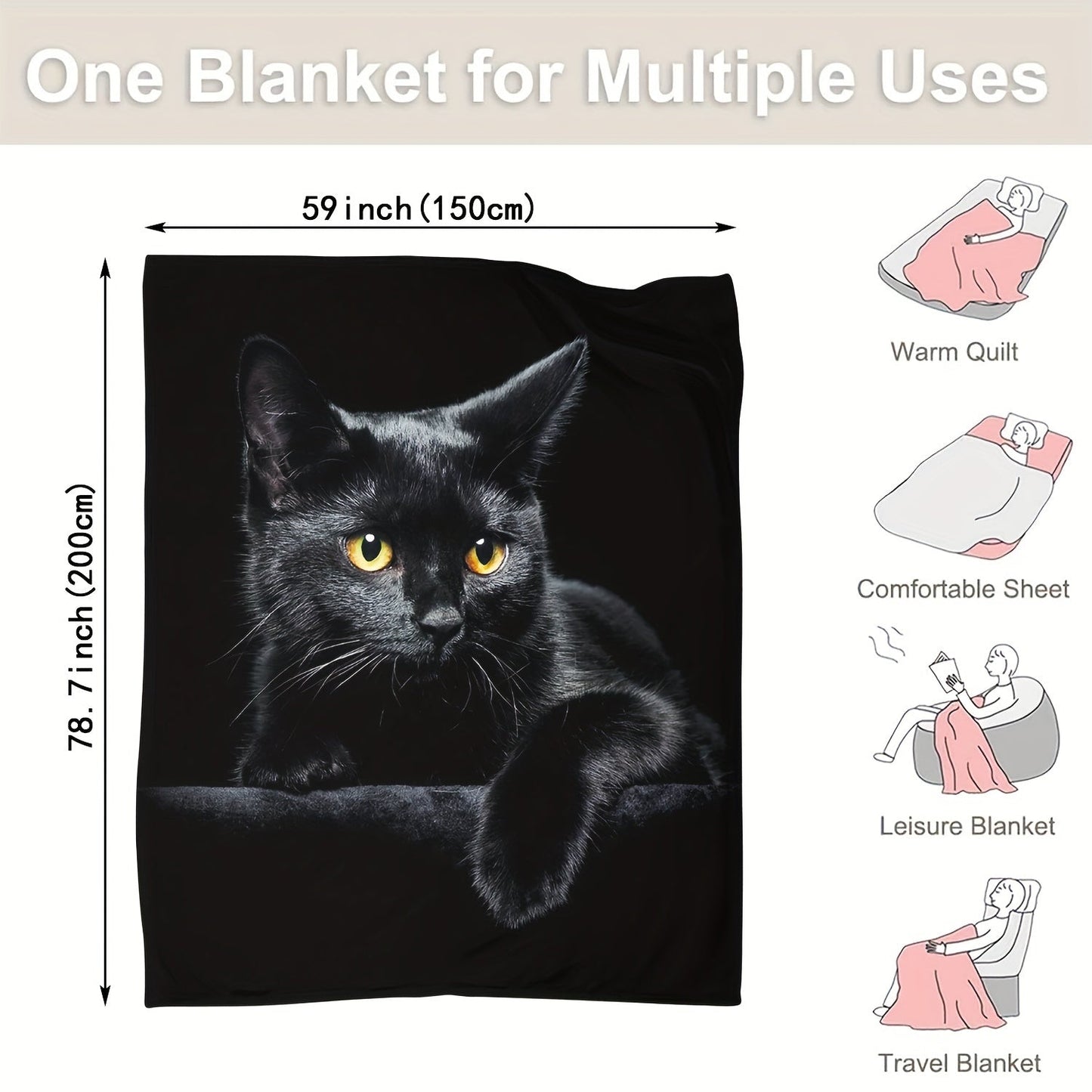 Soft, ultra-black cat print flannel throw blanket - great for couch, bed, car, office, or camping - a versatile and practical gift for all seasons.